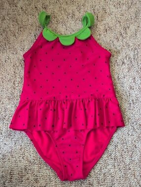 Gymboree Girls Red Strawberry Print One-Piece Swimsuit with Green Collar Size 7